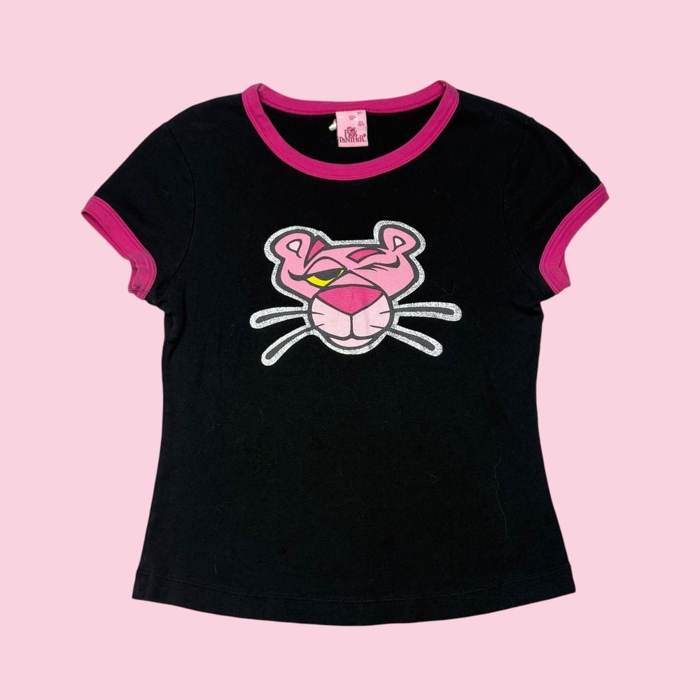 Pink Panther Graphic Ringer Tee Black Pink Varsity 64 Glitter Y2K Baby Tee